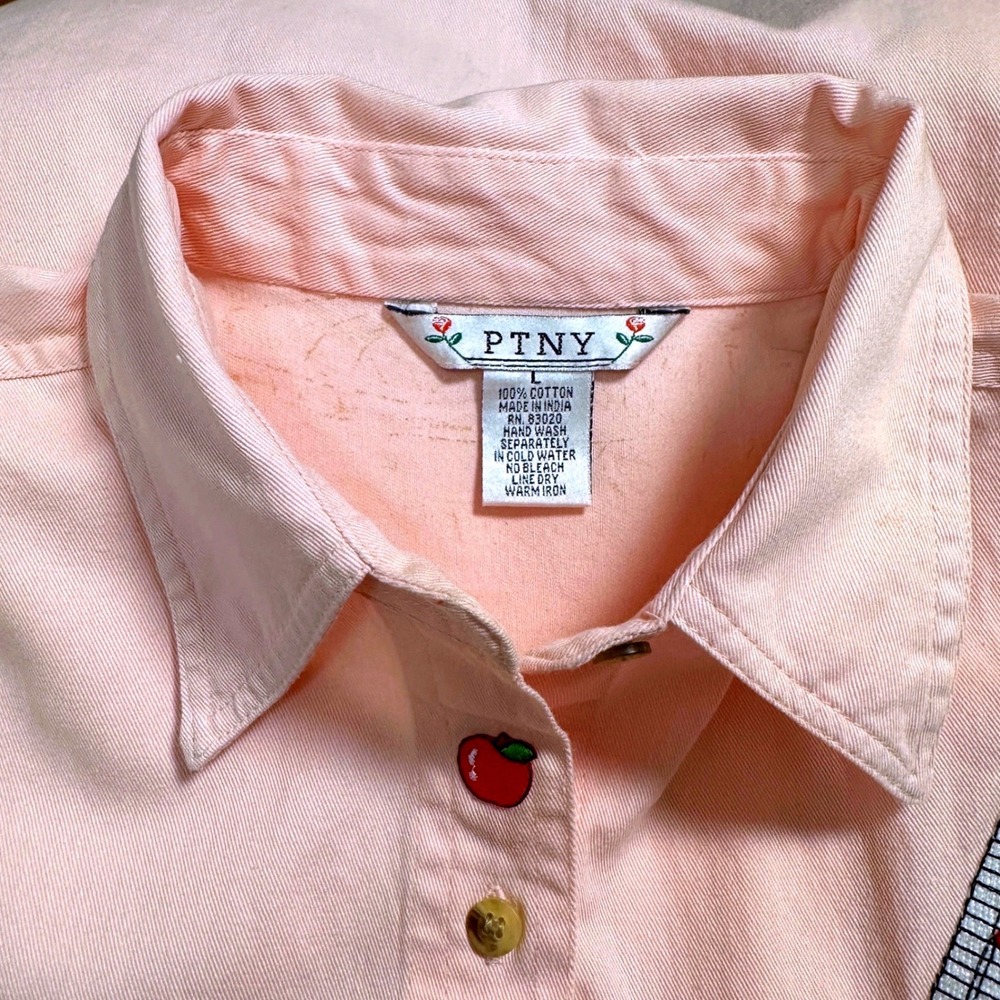 PTNY Pink Cotton Teacher Shirt Embroidered Apples Notebook A+ Vintage Large - Picture 4 of 7